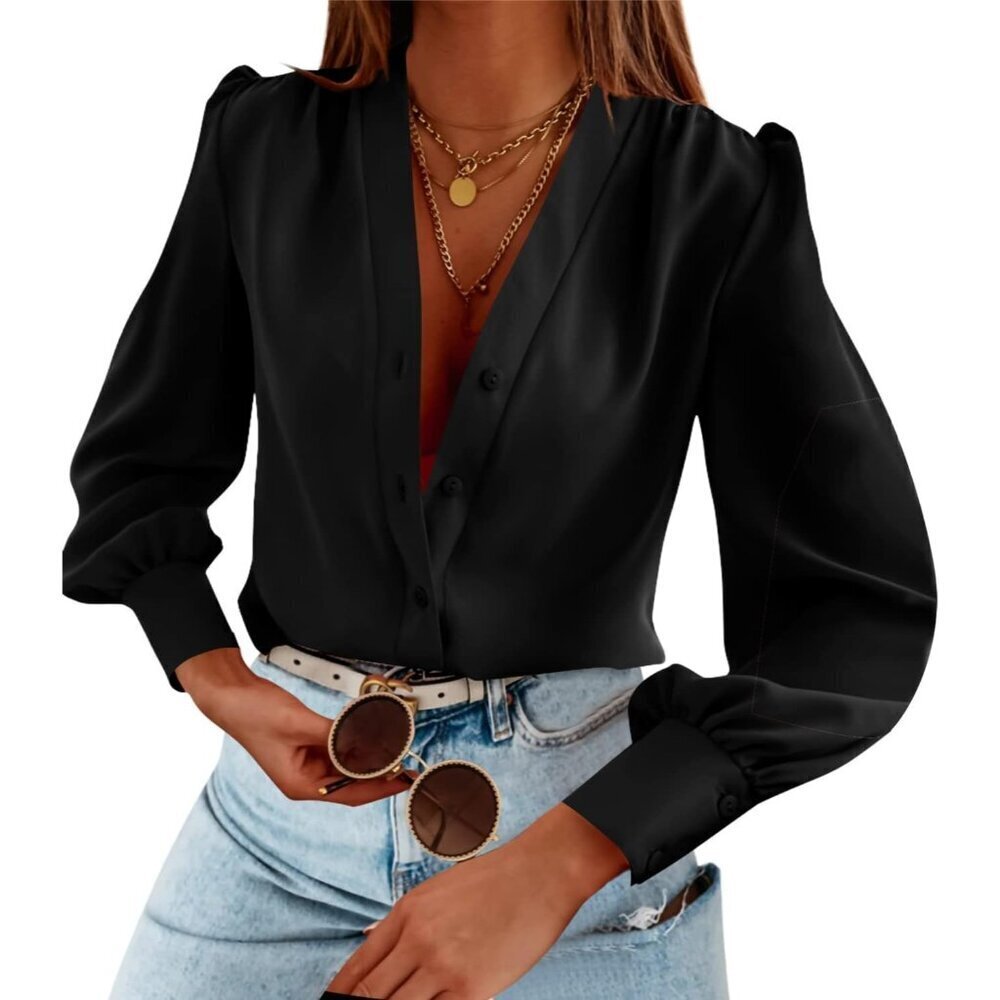 Women's Satin Silk Long Sleeve Button Down V Neck Blouse Casual Office